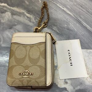 COACH Card / Coin Case with Zipper, Chain Wristlet, Bone Leather with Logo